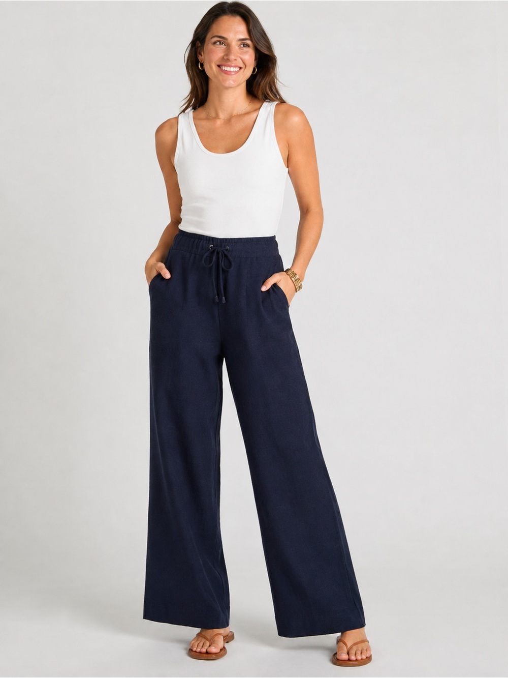 Nicole Miller navy blue linen-blend pull-on wide leg pants size M
